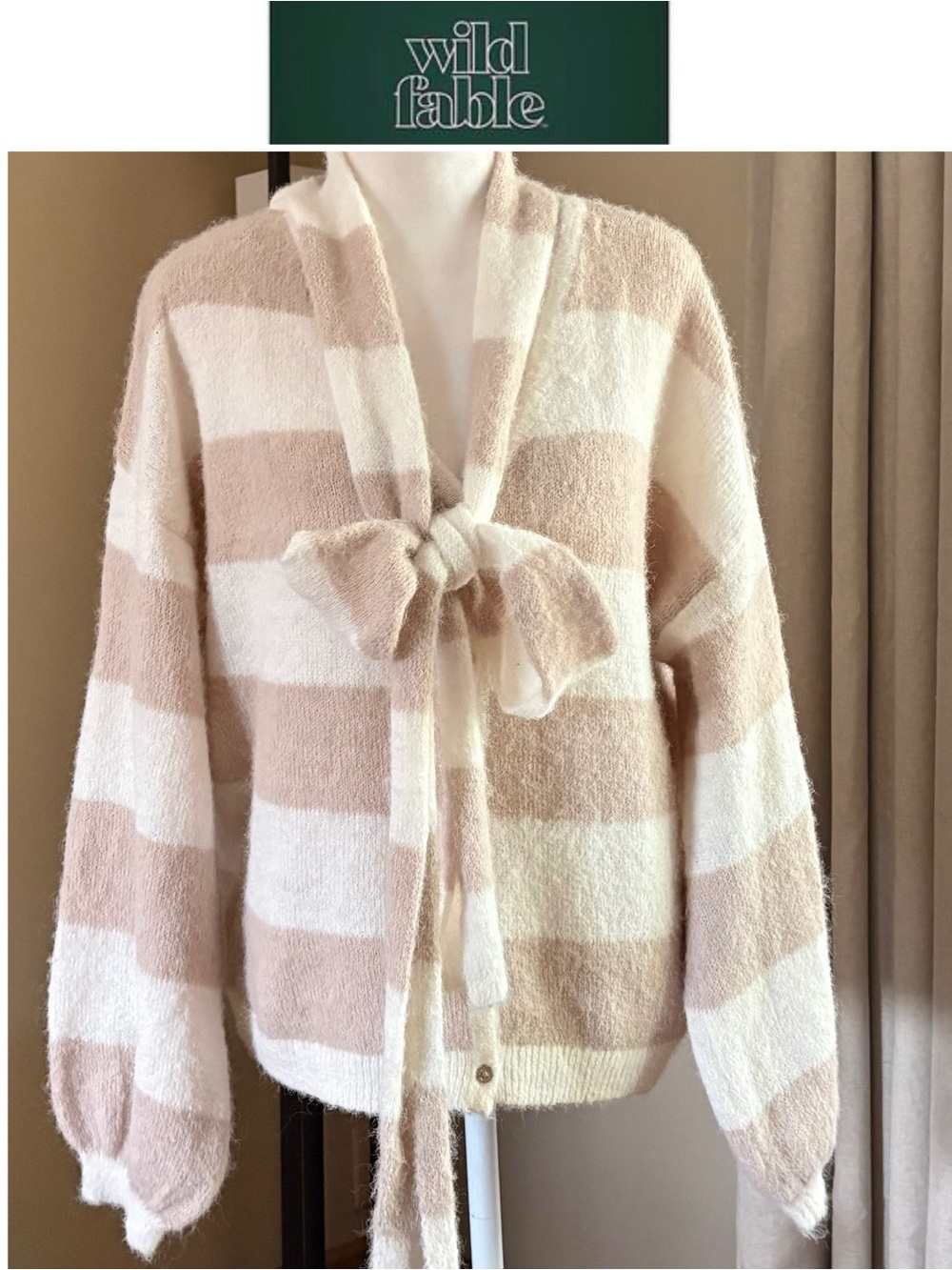 5/$30 wild fable Cream and Tan Striped Tie-Front Sweater Cardigan